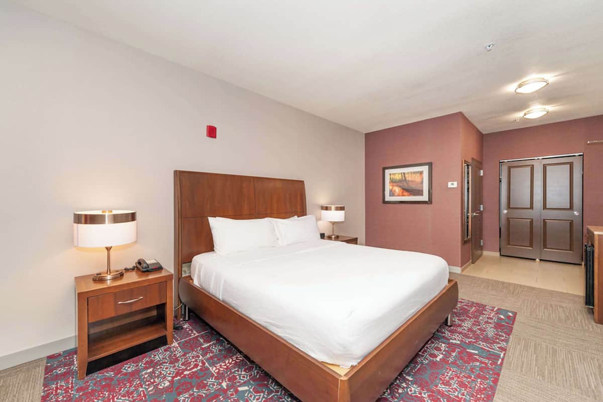 Une chambre d’hôtel avec un grand lit, deux tables de chevet avec des lampes, une tête de lit en bois, un tapis rouge à motifs et une porte dotée d’un miroir.