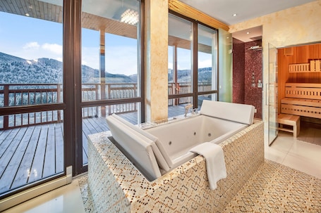 Combined shower/tub, deep soaking tub, free toiletries, hair dryer