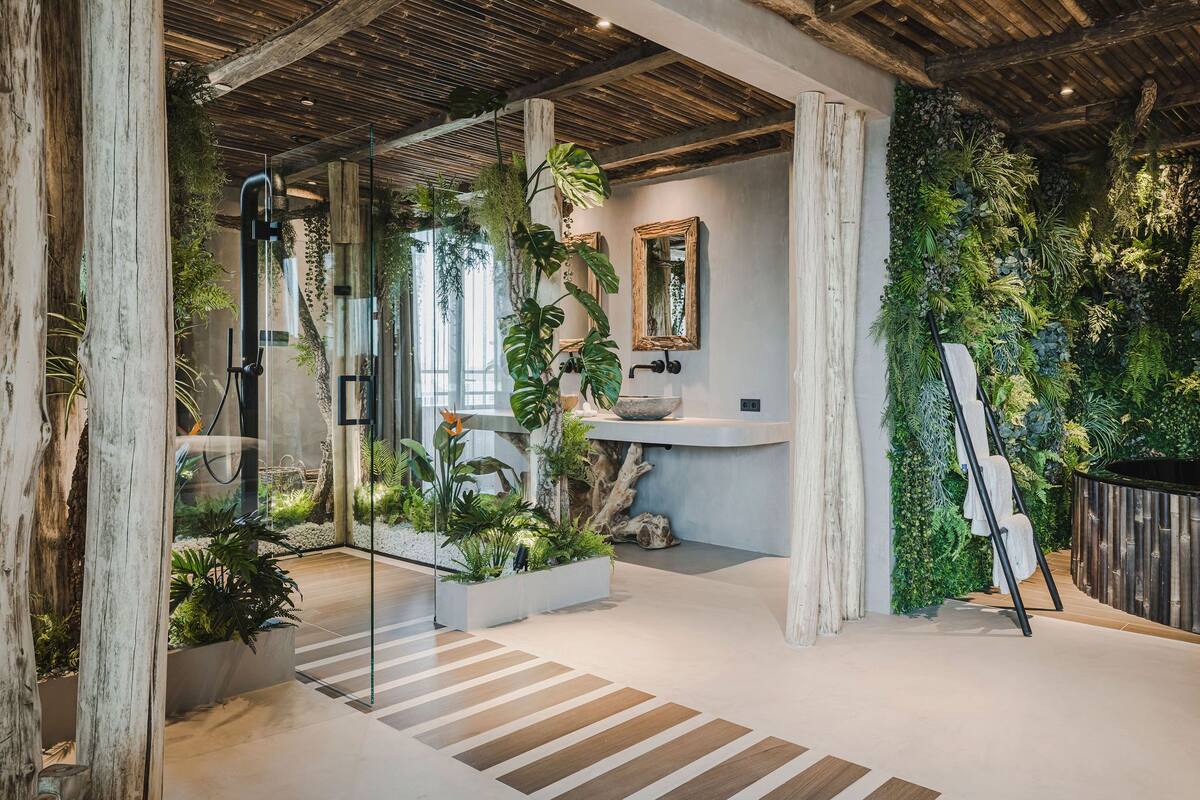 bali suite | bathroom | separate bathtub and shower, deep-soaking bathtub, rainfall showerhead