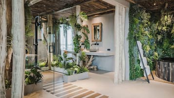 Bali Suite | Bathroom | Separate tub and shower, deep soaking tub, rainfall showerhead
