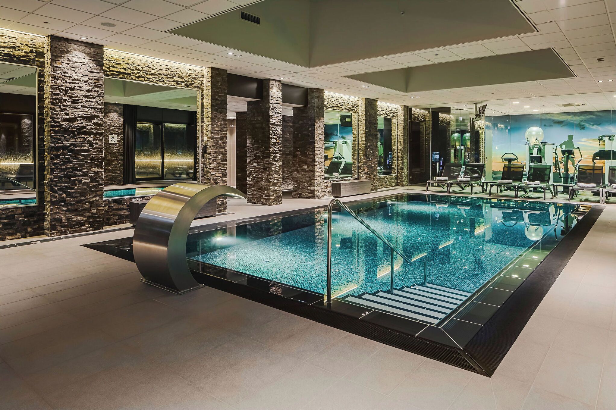 indoor pool, pool loungers