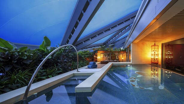 An indoor infinity pool with a glass barrier, surrounded by lush greenery and a modern architectural design with a sloped ceiling and ambient lighting. - Hotel Eclat Beijing (Beijing)
