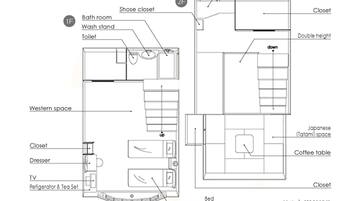 A floor plan of a hotel room with a bathroom, closet, dresser, TV, refrigerator, and a Japanese (Talami) space.