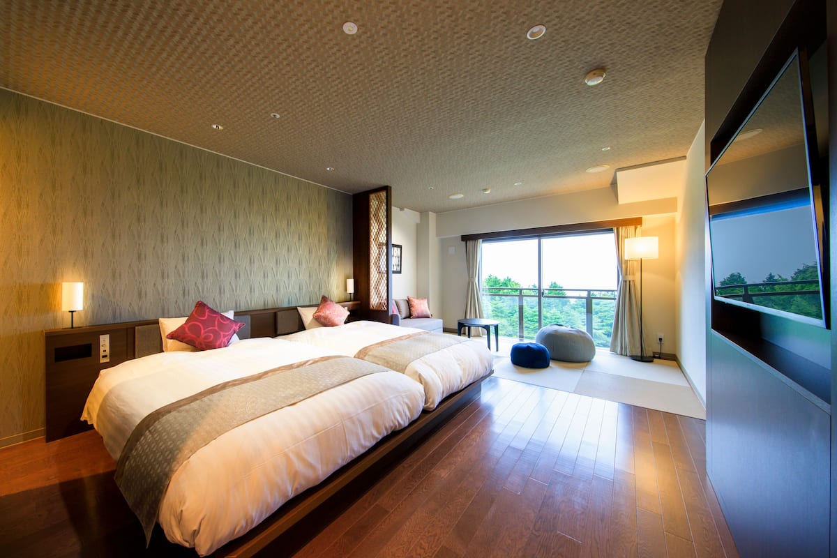 japanese western style room with mt. fuji view non smoking | in-room safe, blackout curtains, free wifi, bed sheets