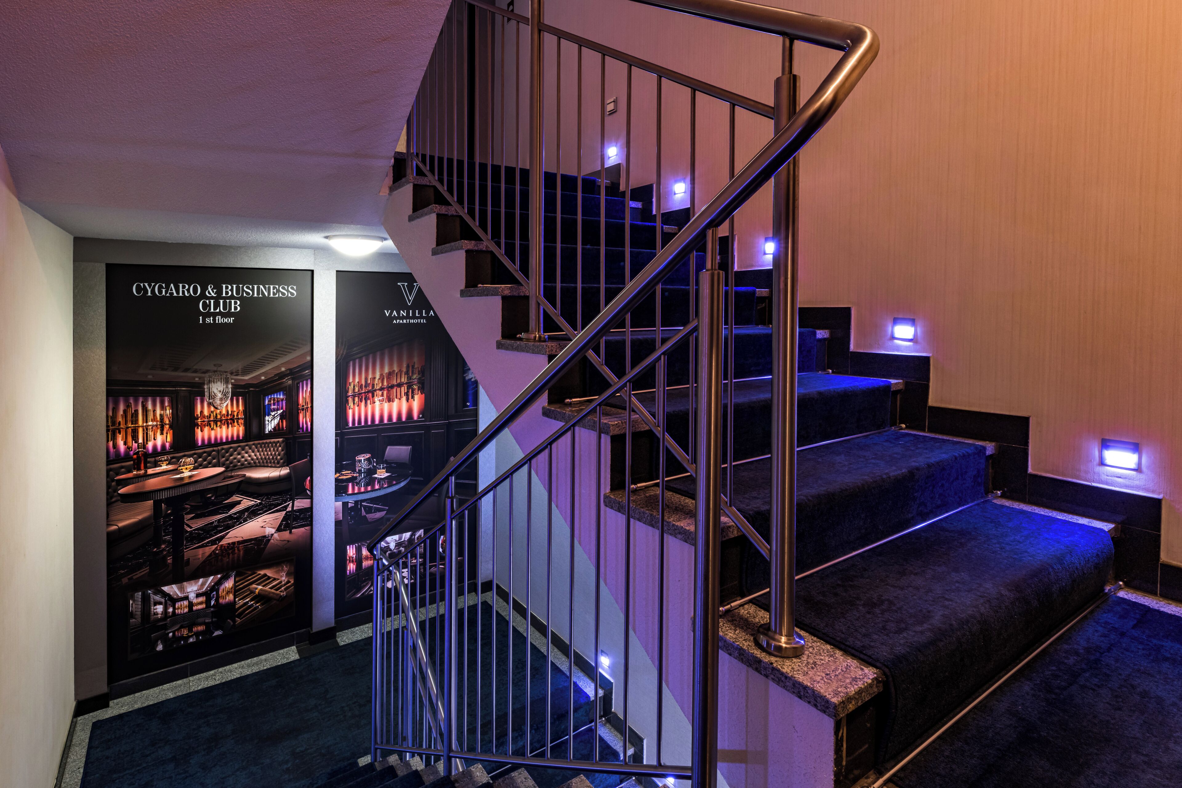 A staircase with metal railings leading to a lower level.