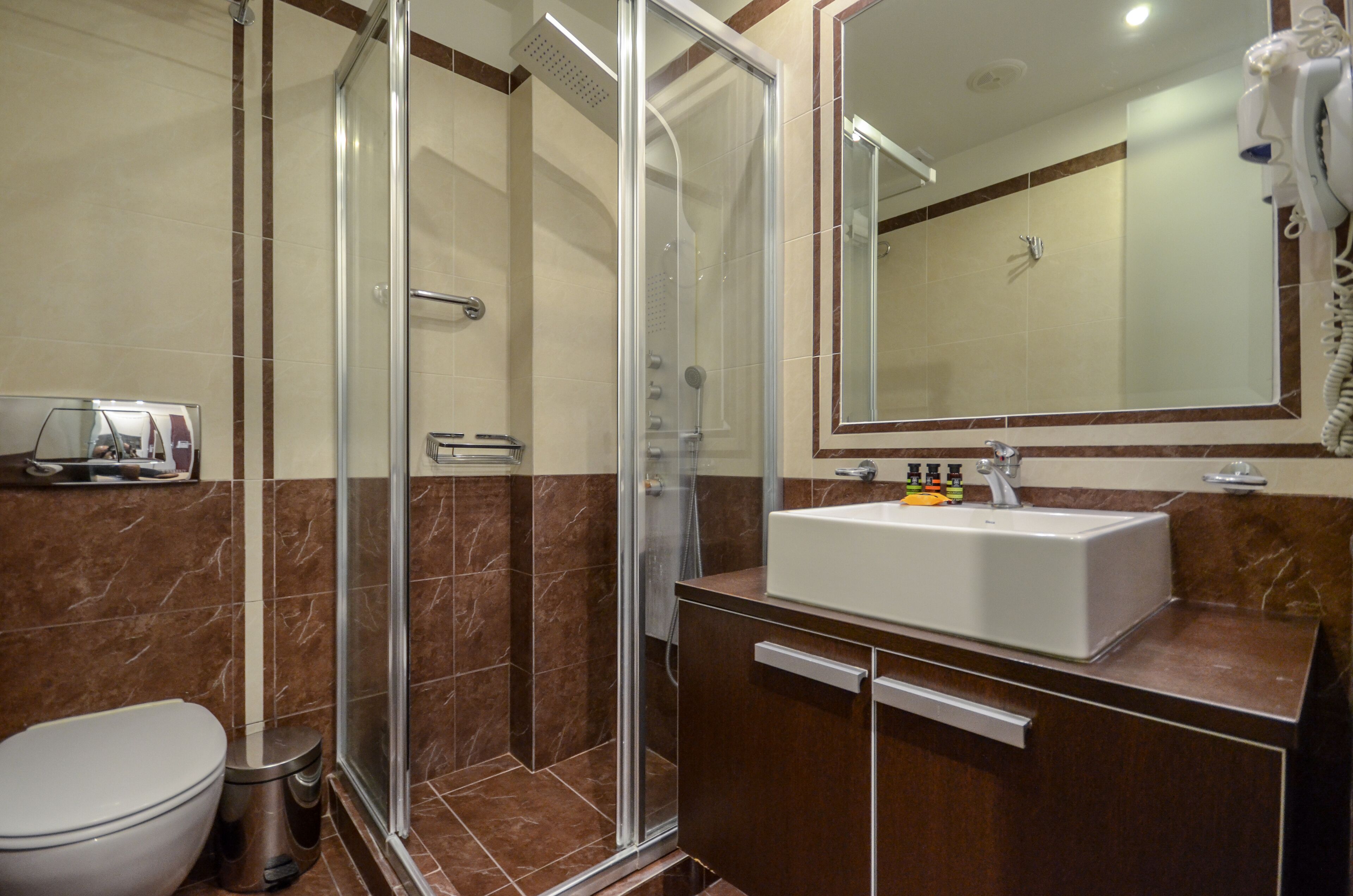A modern bathroom with a glass-enclosed shower, a white sink, and a large mirror above it.