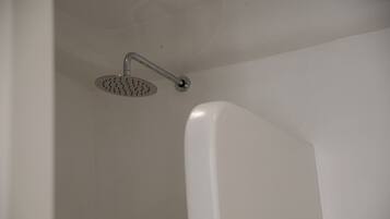 A shower area with a round showerhead and a white bathtub.