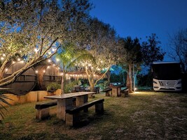 Un'area esterna con tavoli e panche in legno, circondata da alberi e illuminata da luci a tendina.