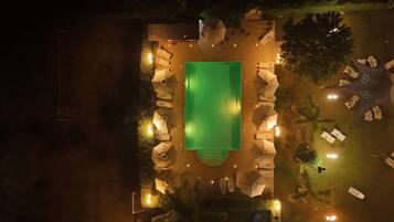 Seasonal outdoor pool, pool umbrellas, pool loungers