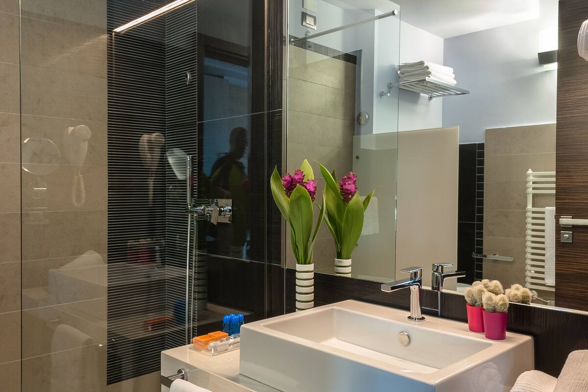 deluxe room, 1 double bed (con balcone) | bathroom | shower, free toiletries, hair dryer, slippers