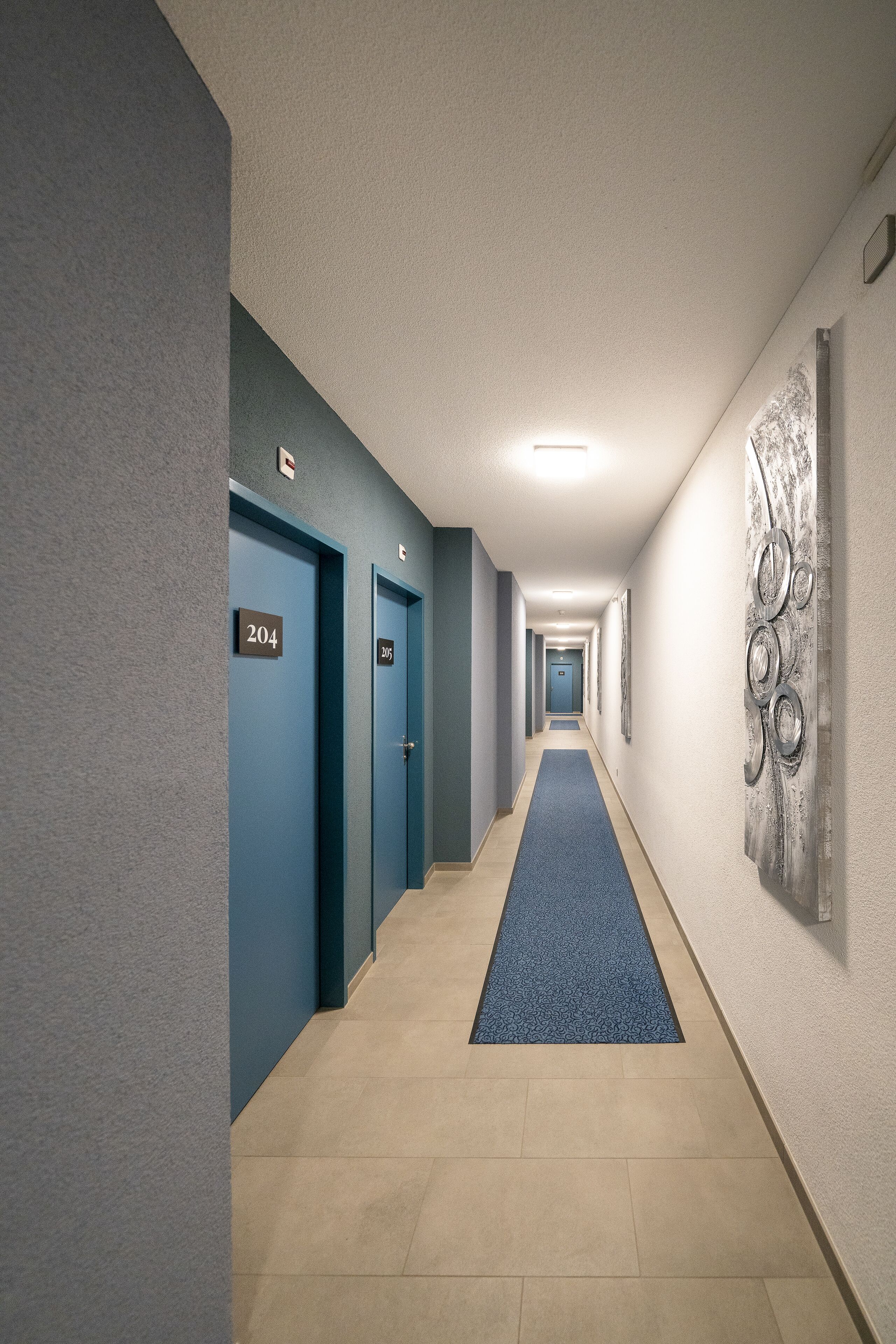 A hotel hallway with blue doors numbered 204 and 205, a blue carpet, and a wall with circular metal decorations.