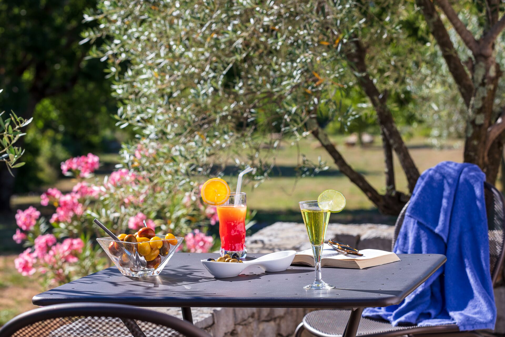 Una mesa al aire libre con un bol de fruta, un vaso de bebida roja con una rodaja de naranja, y un vaso de bebida amarilla con una rodaja de lima.
