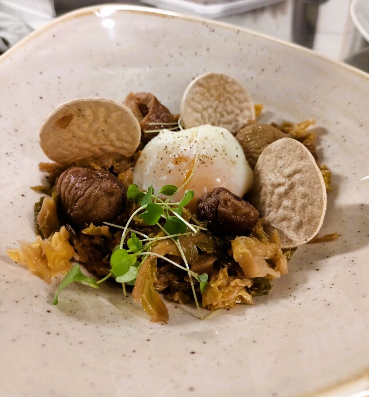 A plate of food with various ingredients including mushrooms, a poached egg, and greens.