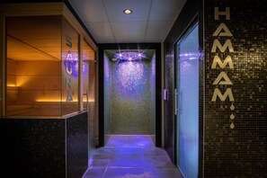 Un pasillo con pared de azulejos y un cartel que dice 'HAMAM'.
