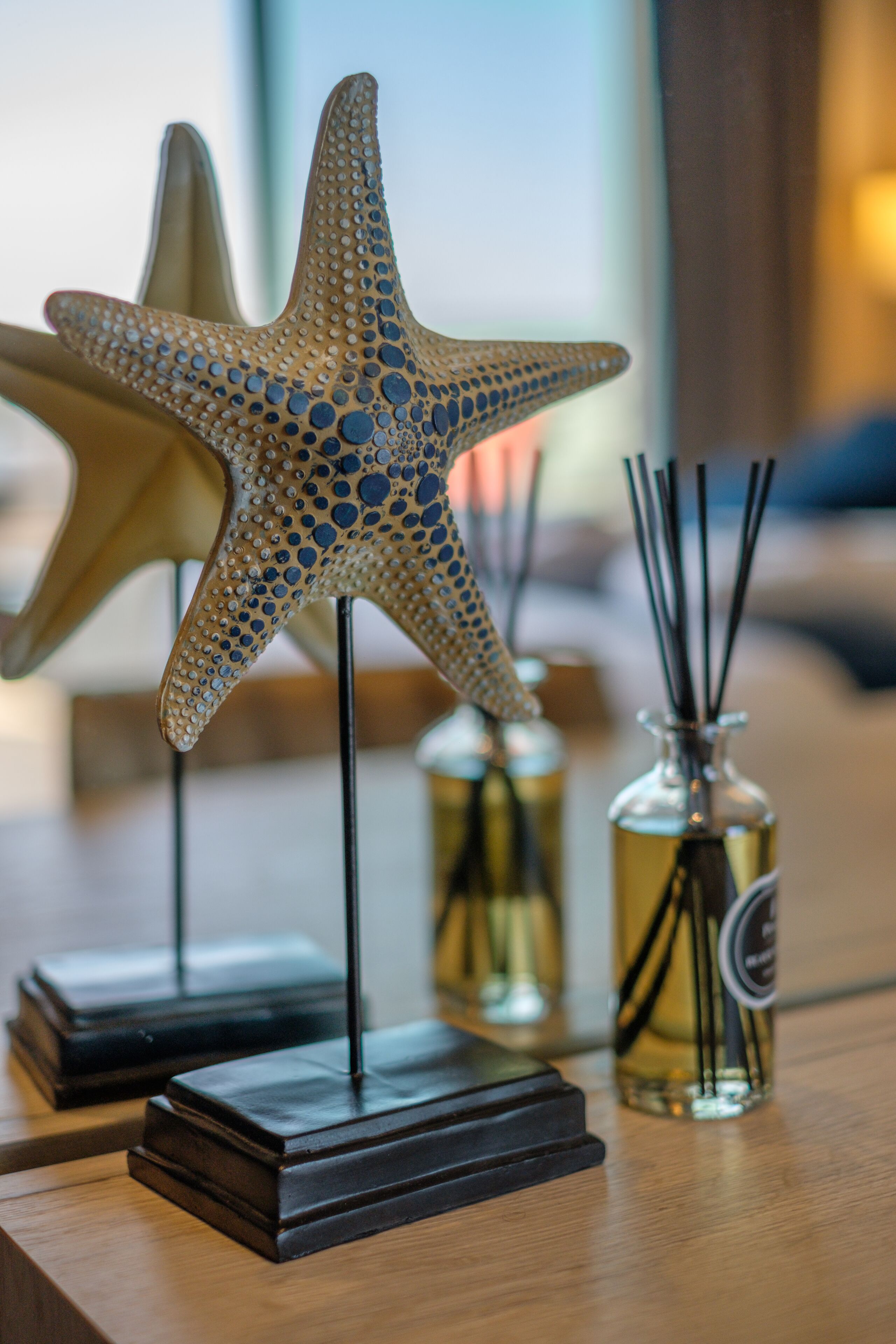 A starfish decoration on a stand, a bottle of liquid, and a glass bottle with reed sticks.