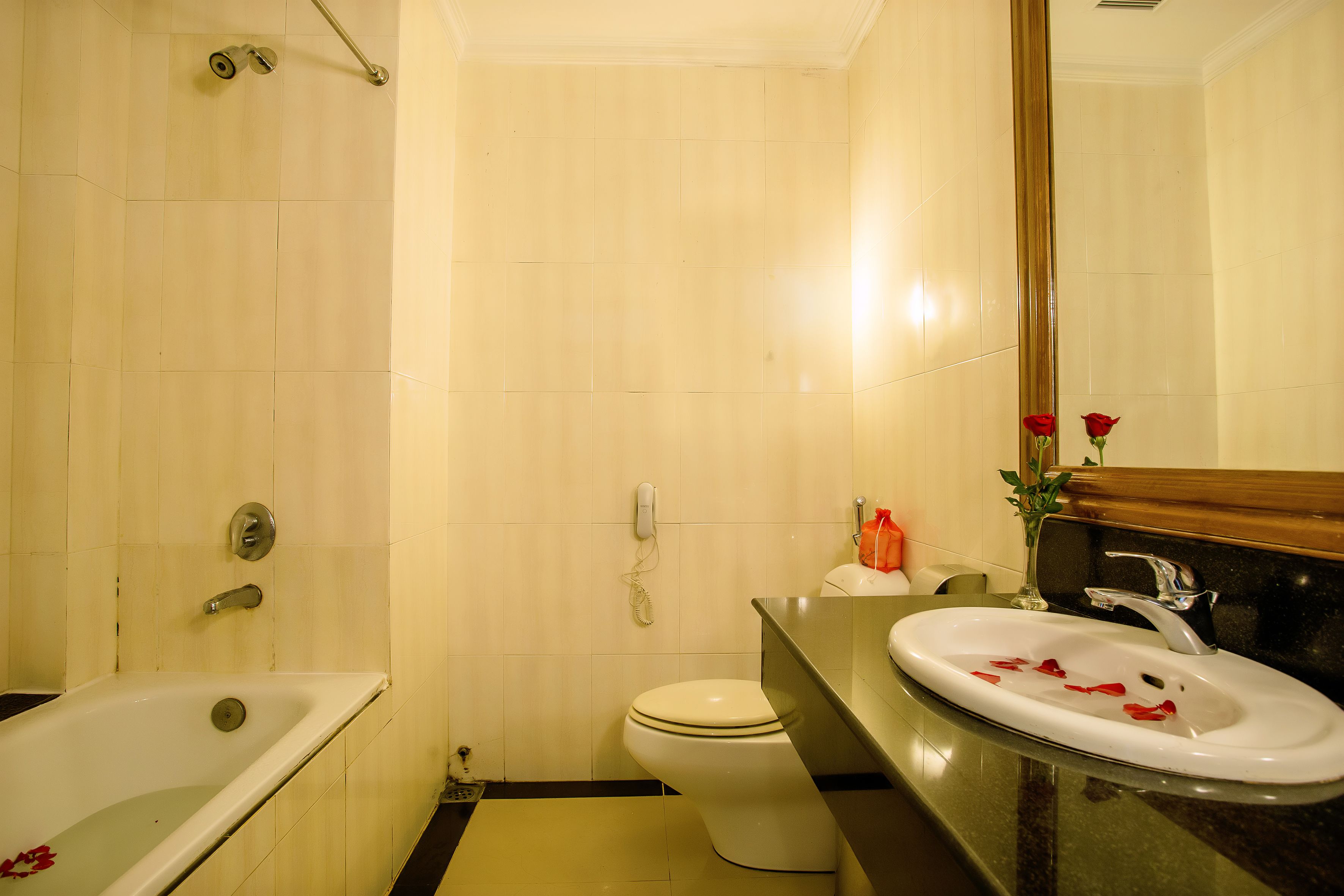 A bathroom with a bathtub, toilet, sink, and a mirror.