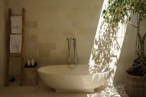 Une salle de bain avec une baignoire sur pieds, une échelle en bois, un porte-serviettes et une plante en pot.