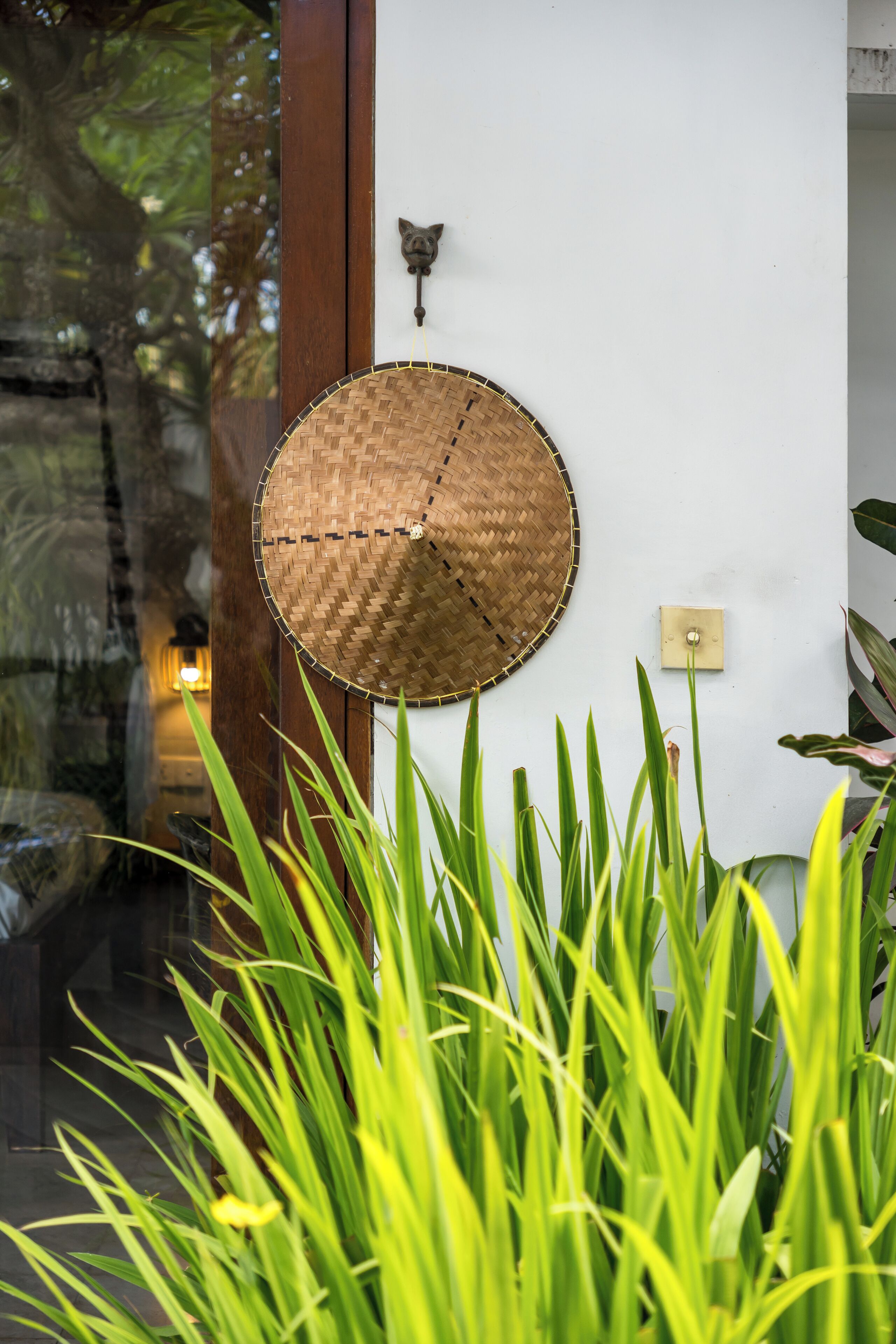 A woven basket hanging on a wall, a light switch, and green plants in the foreground.