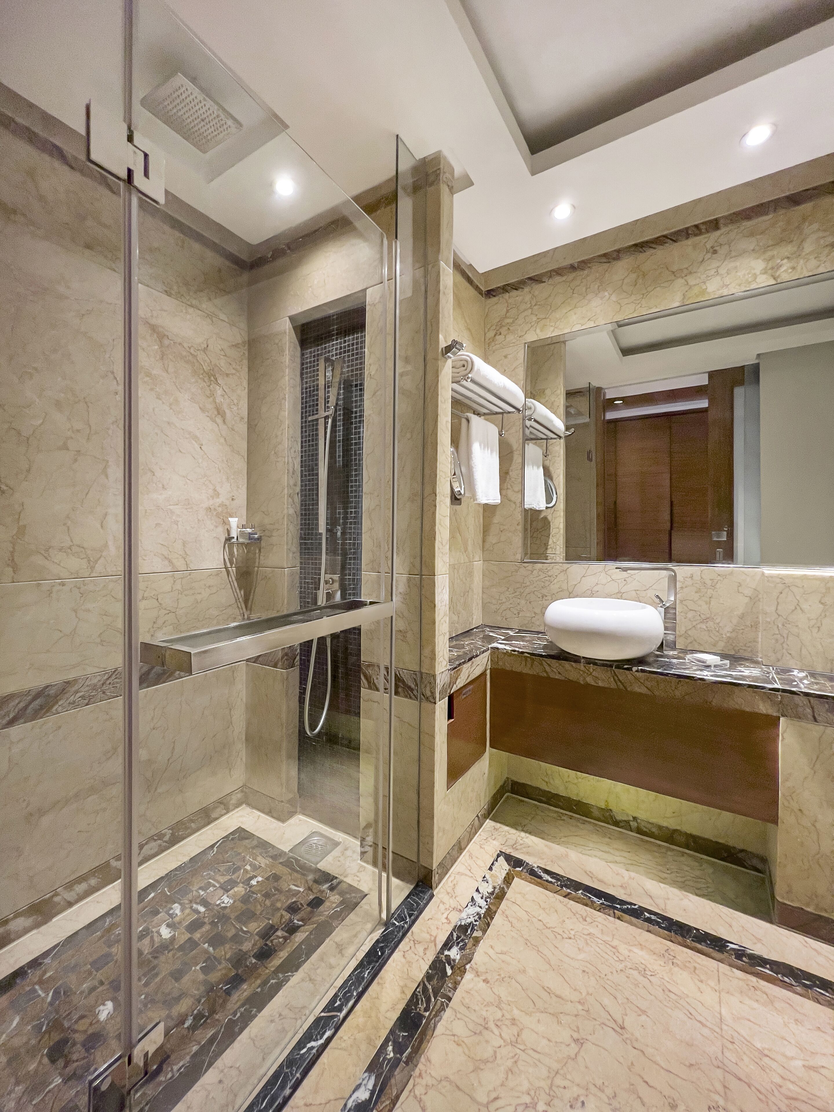 rainfall showerhead, free toiletries, hair dryer, bathrobes