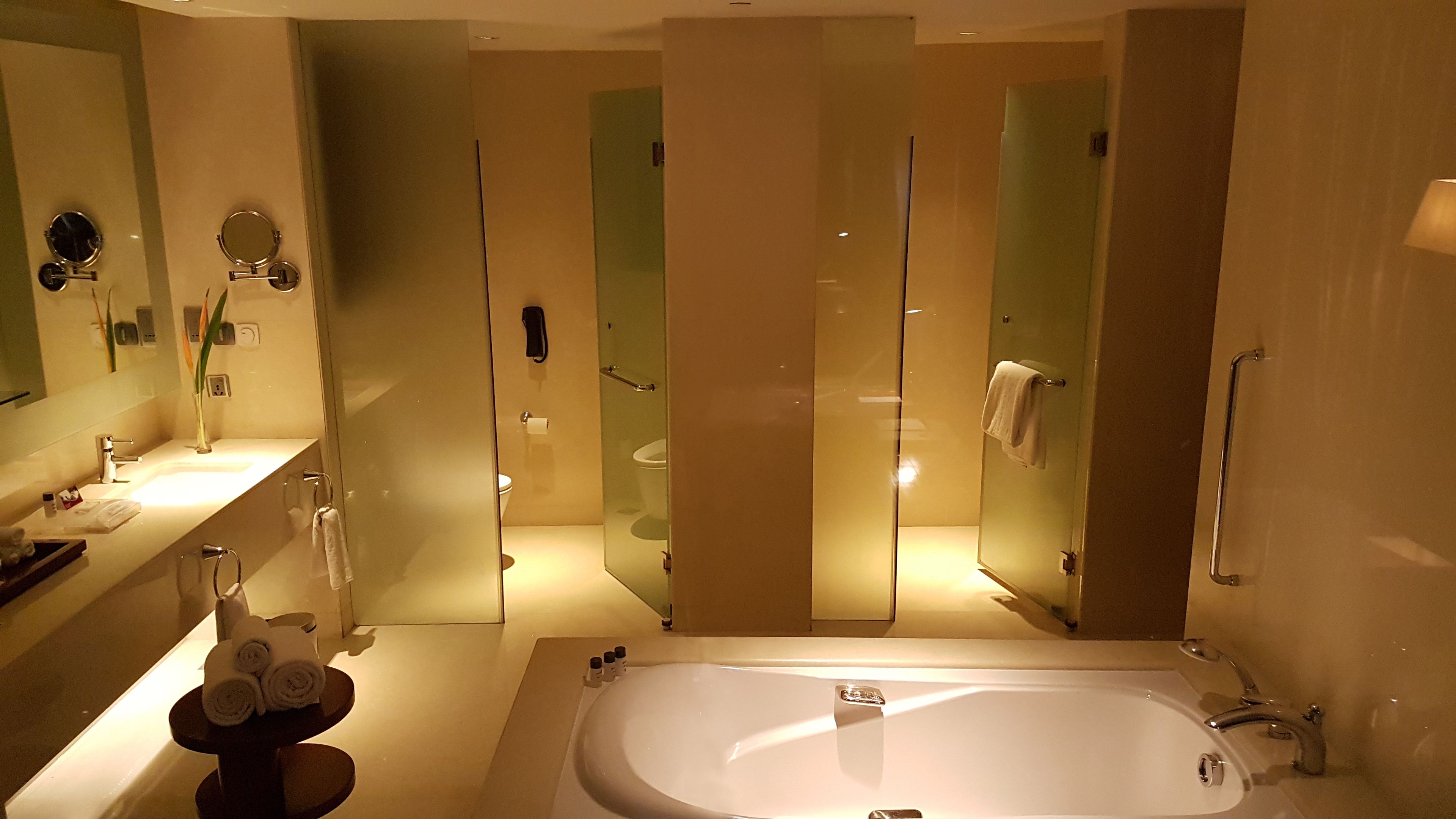 Combined shower/tub, deep soaking tub, rainfall showerhead
