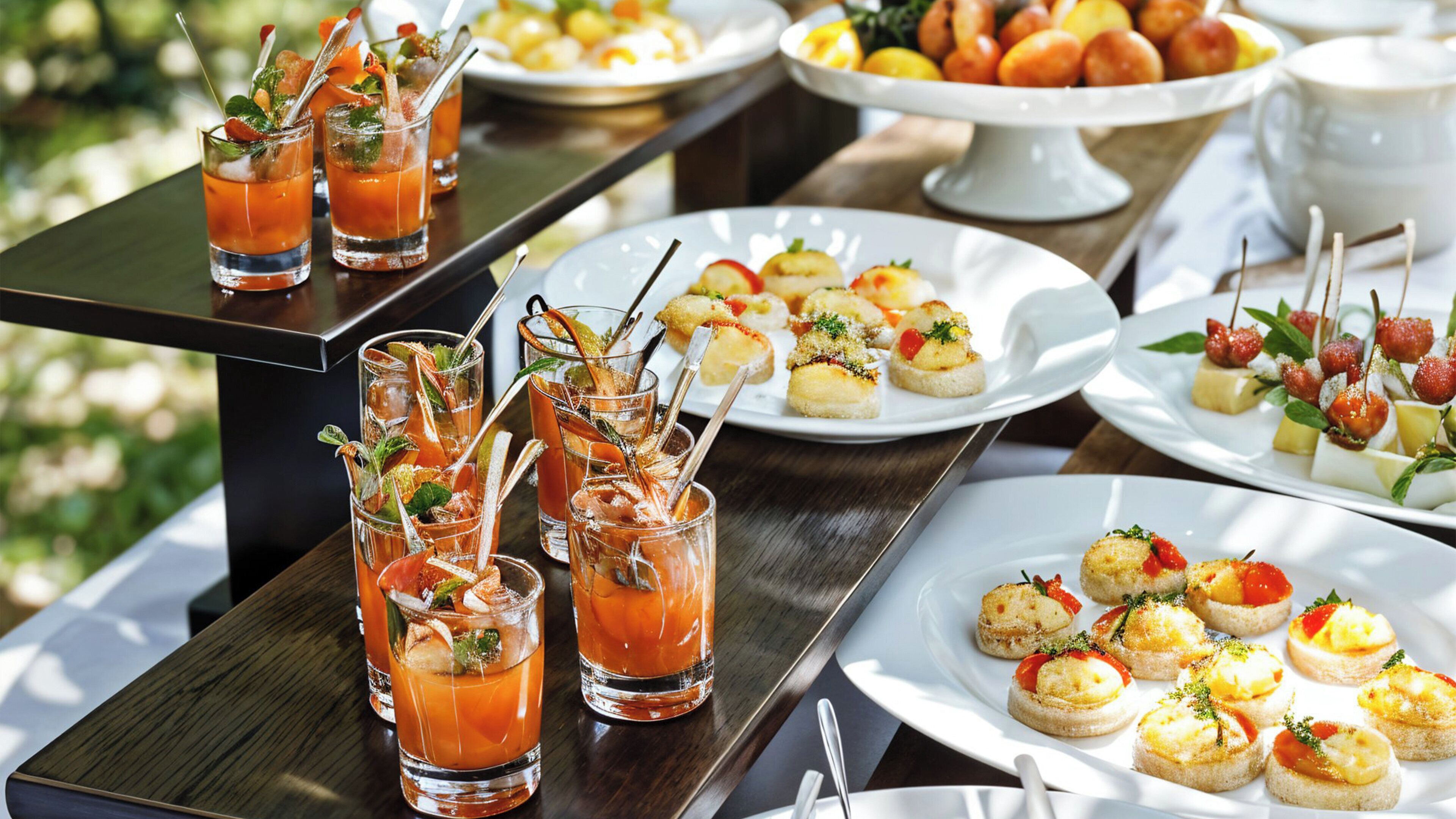 A table set with various food items and drinks, including appetizers and cocktails.