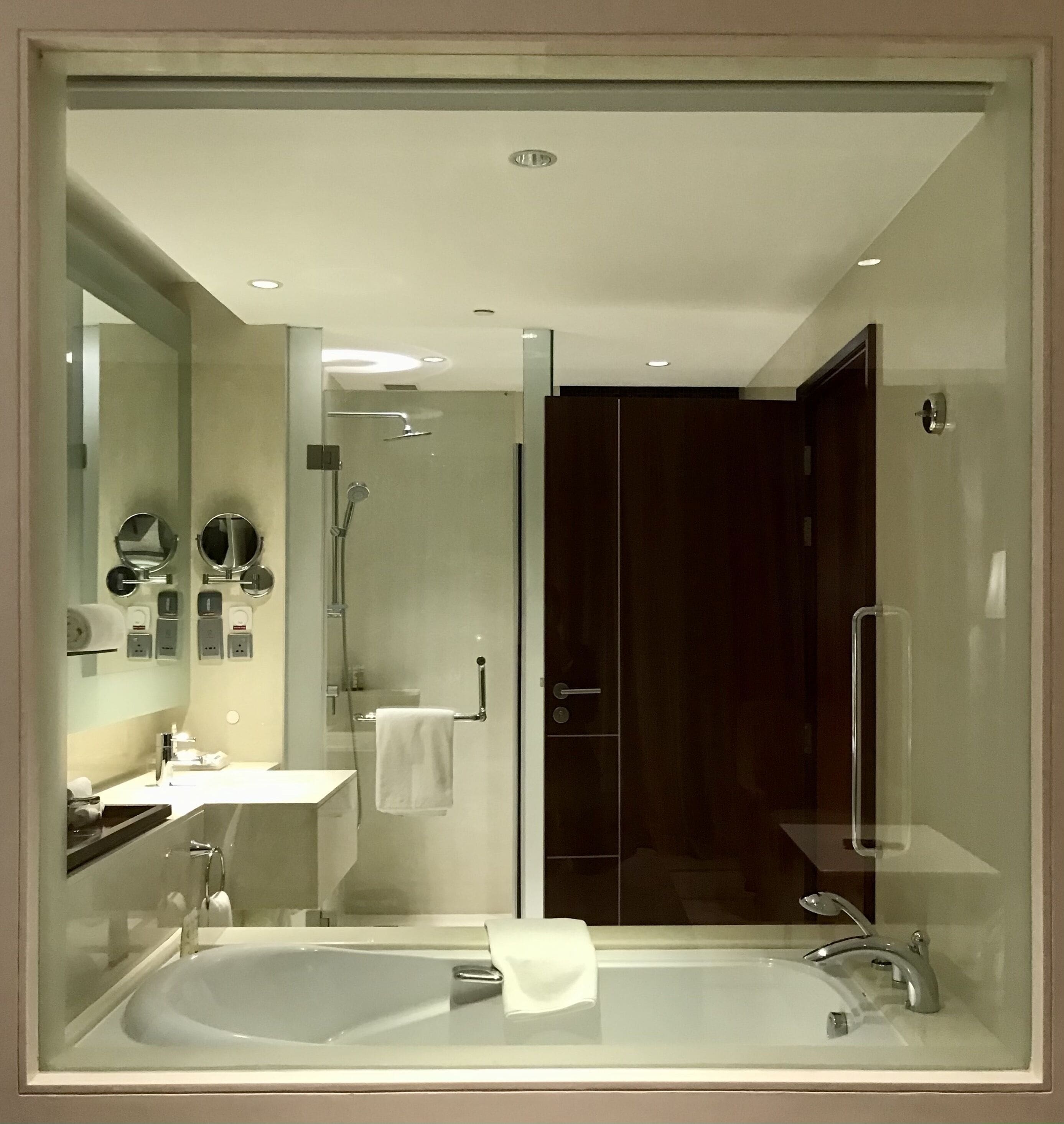 A modern bathroom with a glass-enclosed shower, a double sink, and a large mirror.