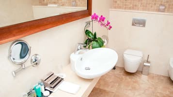 A bathroom with a sink, toilet, and a mirror.