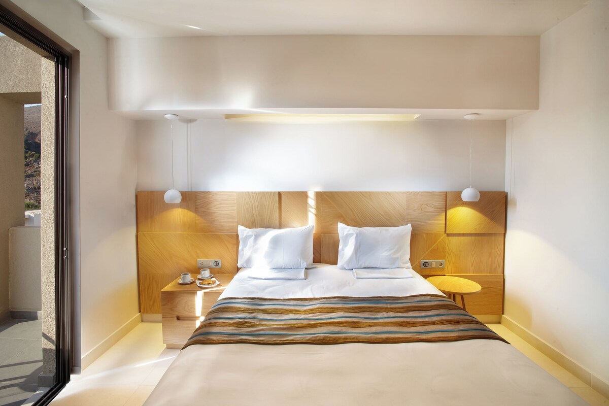 A modern hotel room with a large bed, wooden headboard, bedside tables, and a view through a glass door.