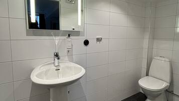 A modern bathroom with a white sink, a toilet, and a mirror.