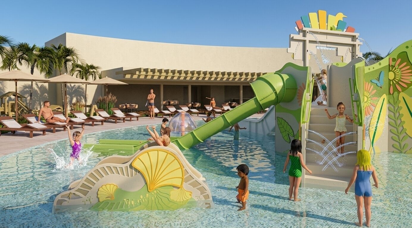 Parque acuático con toboganes y piscinas, rodeado de tumbonas y palmeras.
