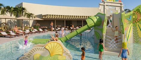Parque acuático con toboganes y piscinas, rodeado de tumbonas y palmeras.