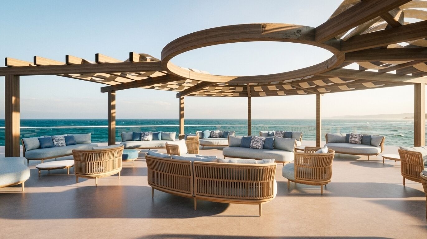 Un espacio de estar al aire libre techado con sofás y sillones, con vistas al mar.