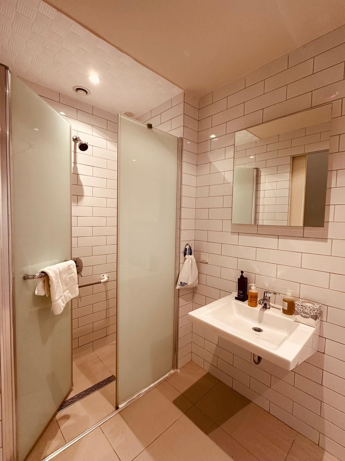 Ein modernes Badezimmer mit Duschkabine aus Glas, einem weißen Waschbecken mit Toilettenartikeln und einem Spiegel darüber.