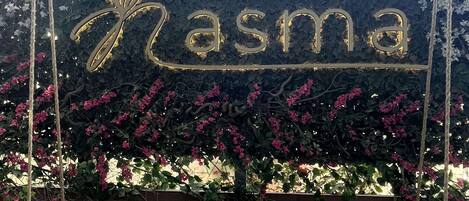 Un fauteuil suspendu avec un coussin et un mur décoratif sur lequel on peut voir le mot « Masma » en arrière-plan.