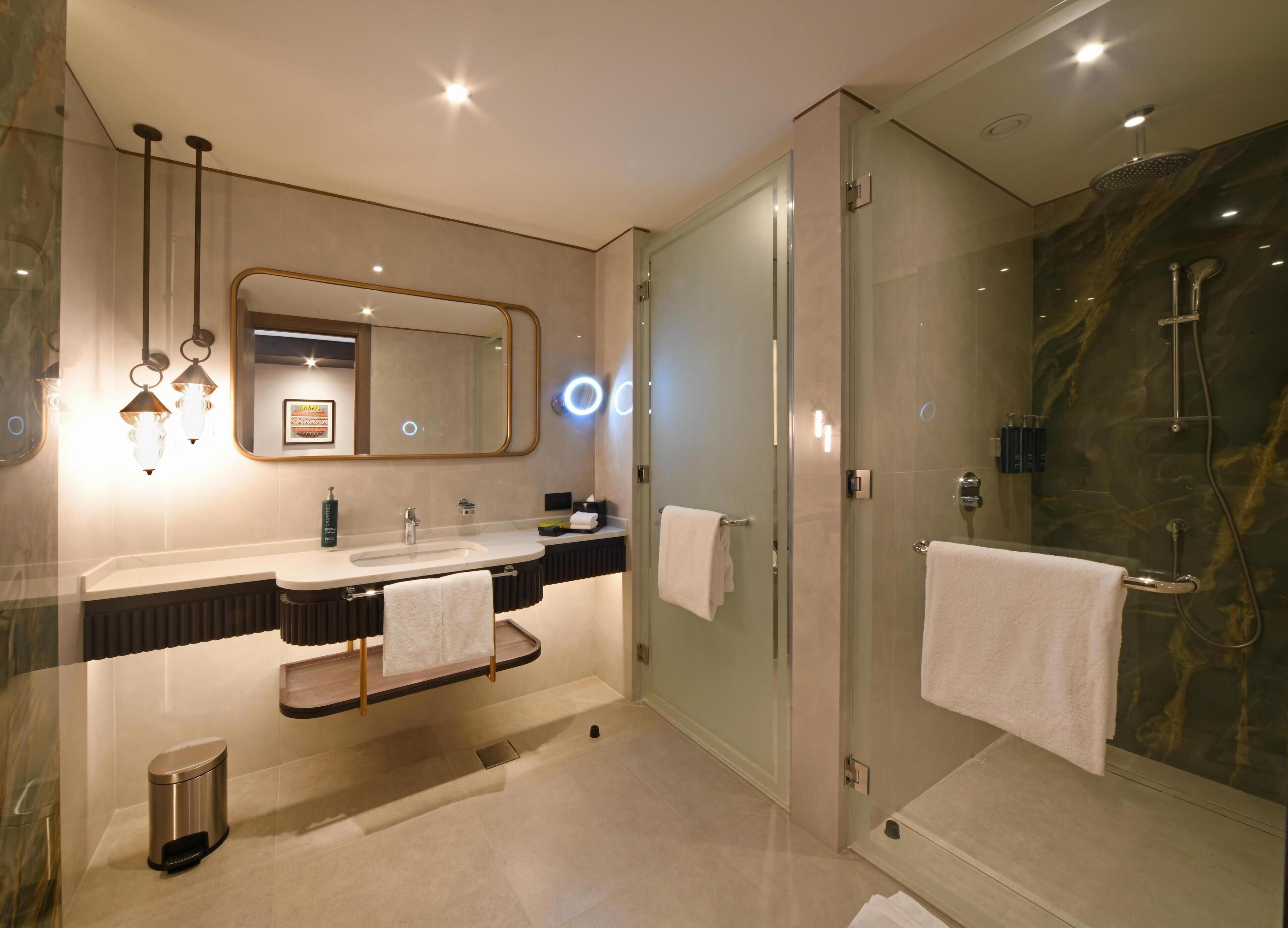 Une salle de bain moderne avec une douche à parois de verre, un meuble-lavabo et un grand miroir.