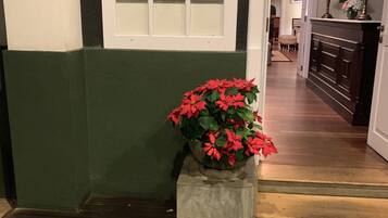 A hallway with a green and white wall, a white door with a window, and a concrete planter with red flowers.