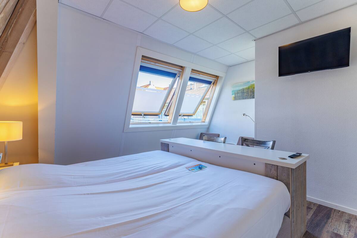 A hotel room with a bed, a desk, a chair, a TV, and skylights.