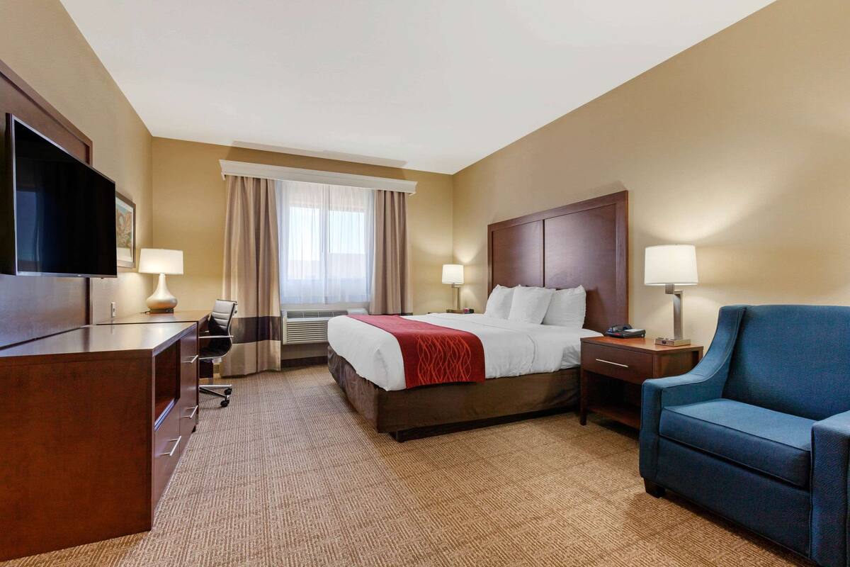 A hotel room with a bed, a desk, a TV, a chair, and a window with curtains.