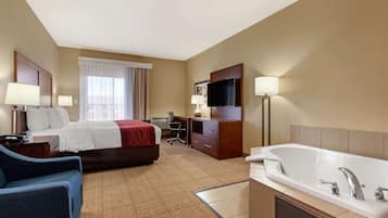 Desk, iron/ironing board, bed sheets, alarm clocks