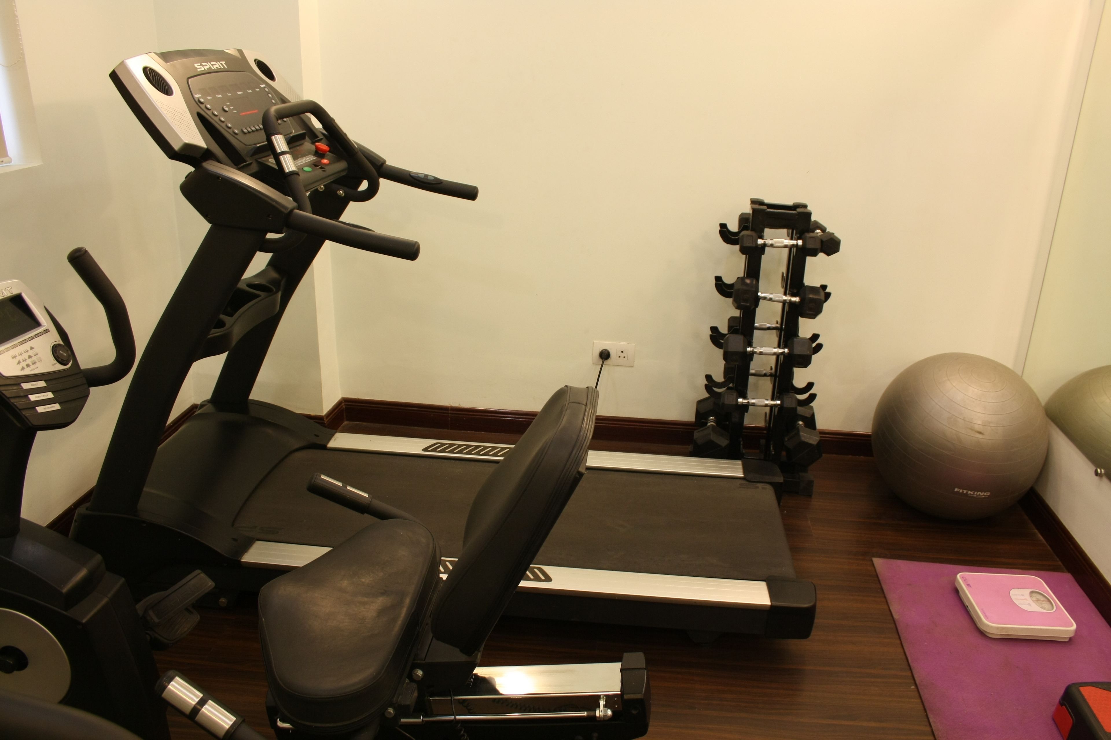 A home gym with a treadmill, weight bench, exercise ball, and a scale on a purple mat.