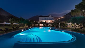 Seasonal outdoor pool, pool umbrellas, pool loungers
