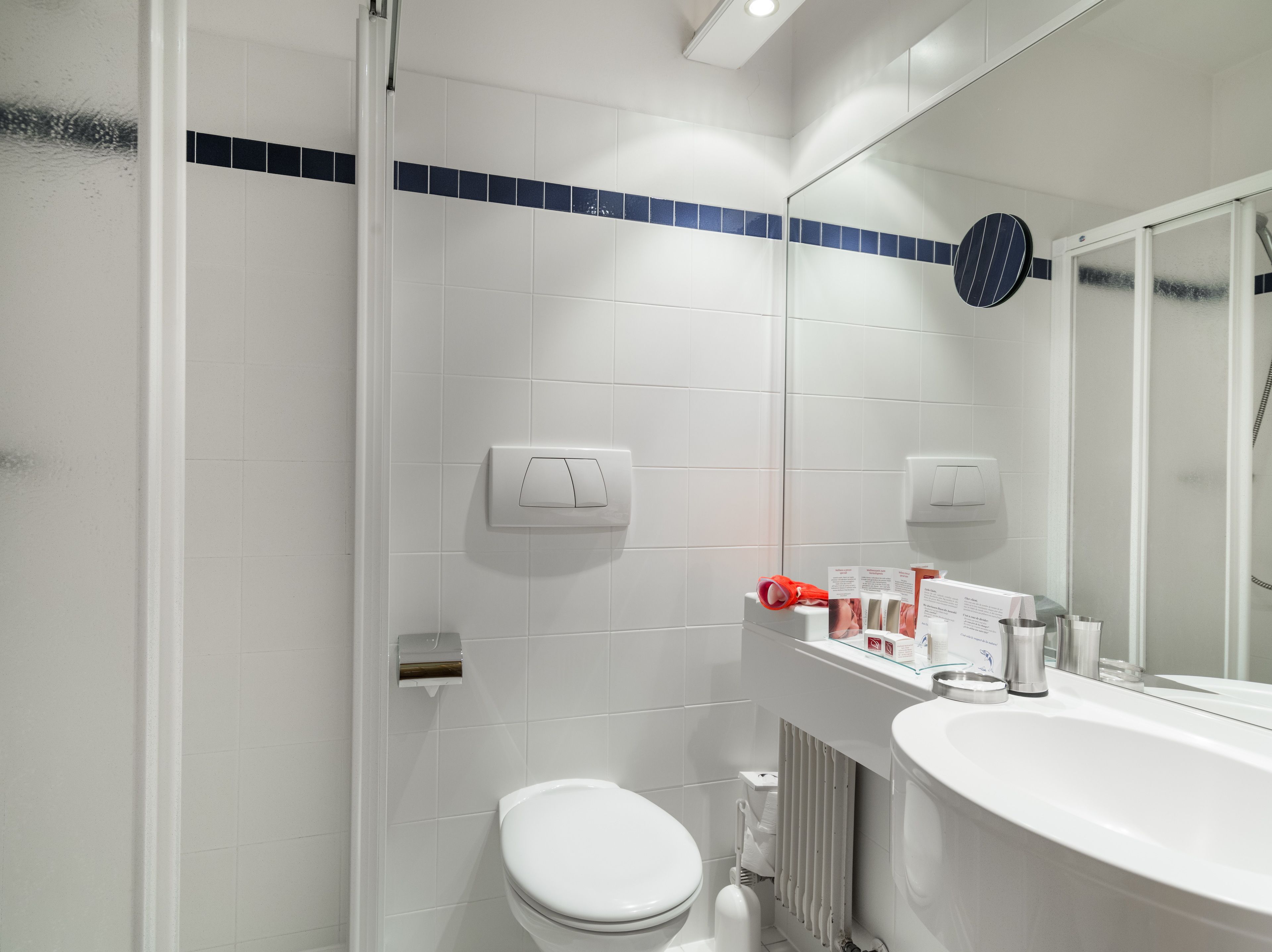 A bathroom with a white toilet, a sink, and a shower area.