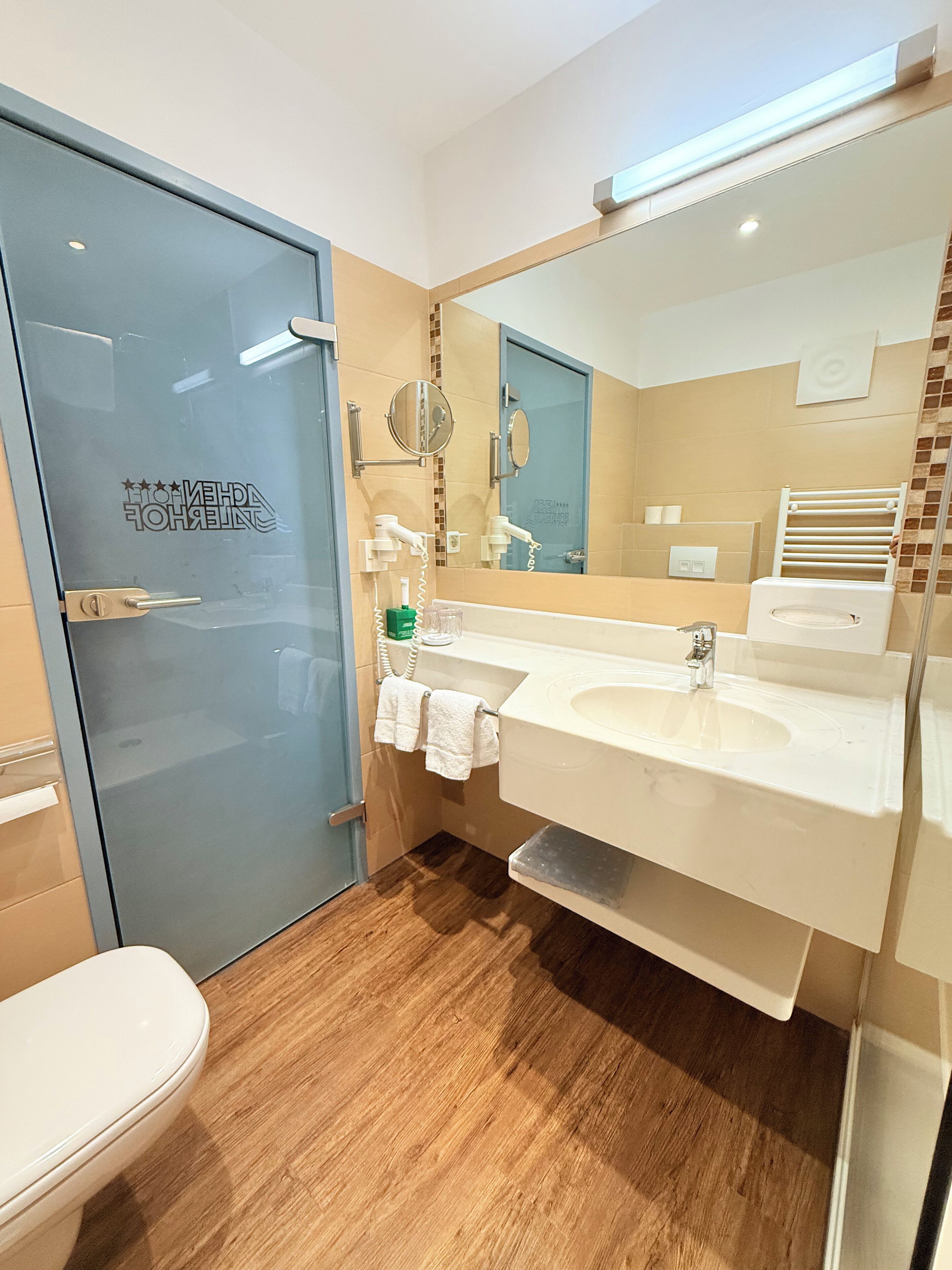 A modern bathroom with a glass shower door, a white sink, and a large mirror.