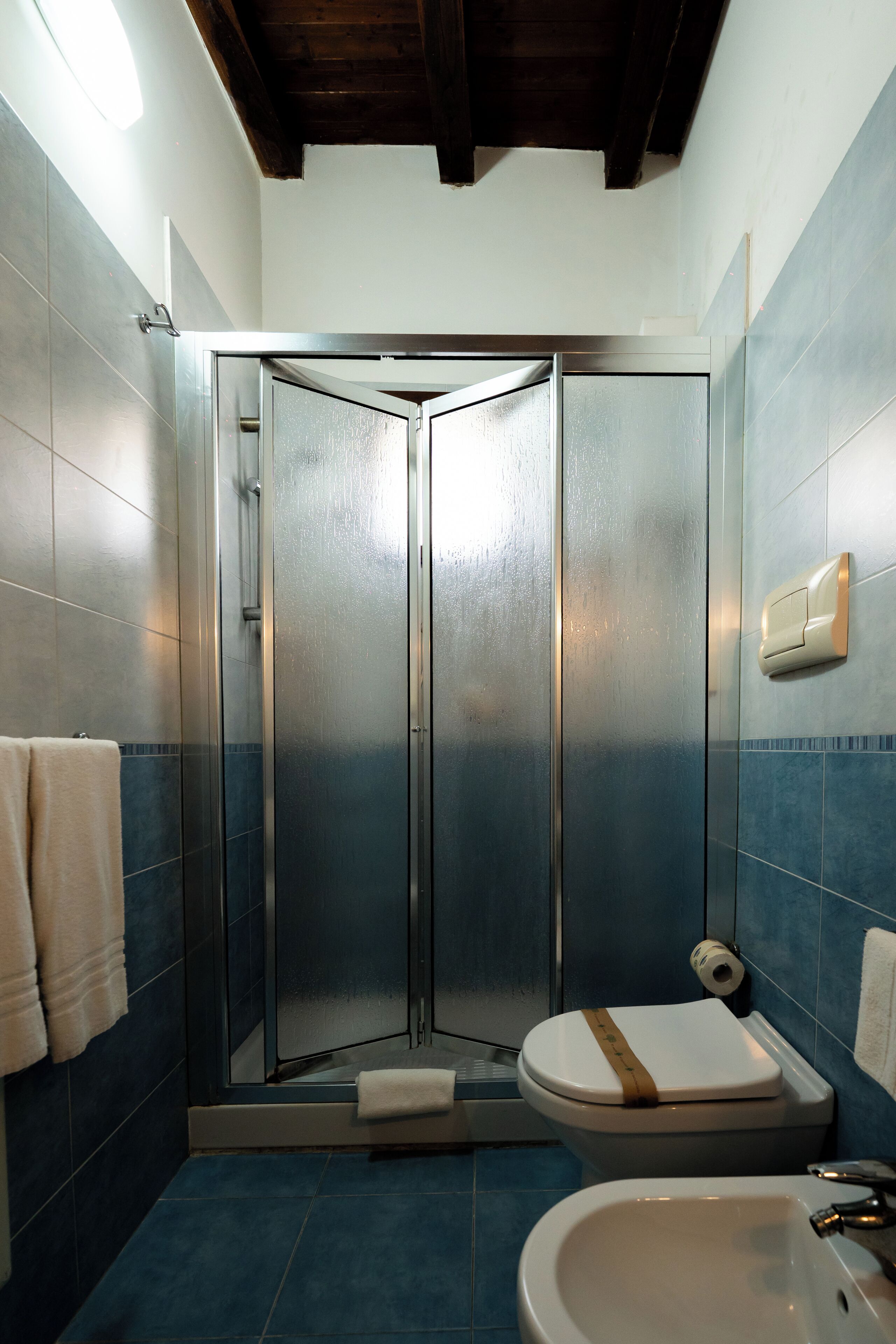 A bathroom with a glass-enclosed shower, a toilet, and a sink.