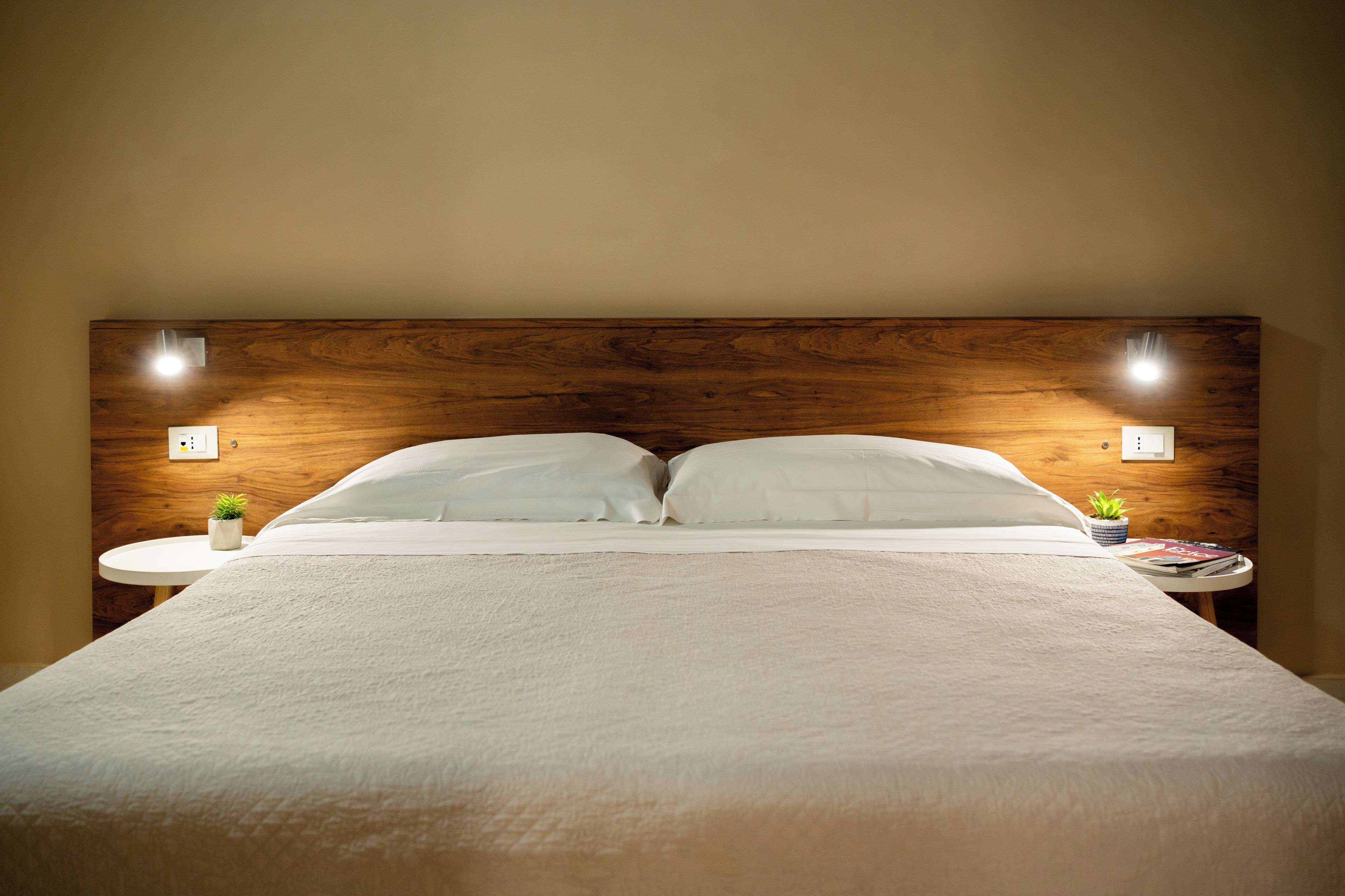 A bed with a wooden headboard, two bedside tables with lamps, and a small plant on each table.