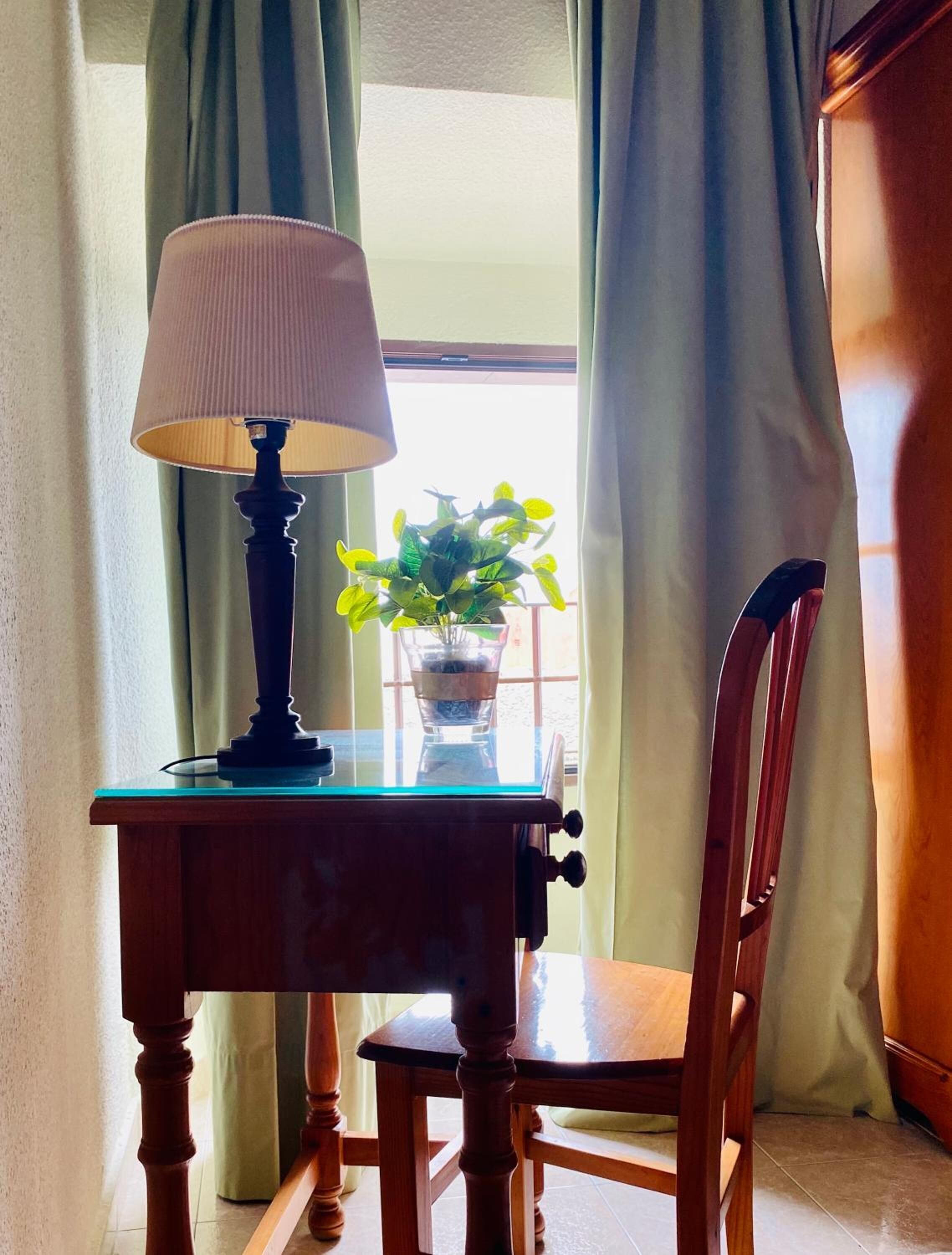 A wooden table with a lamp and a potted plant.