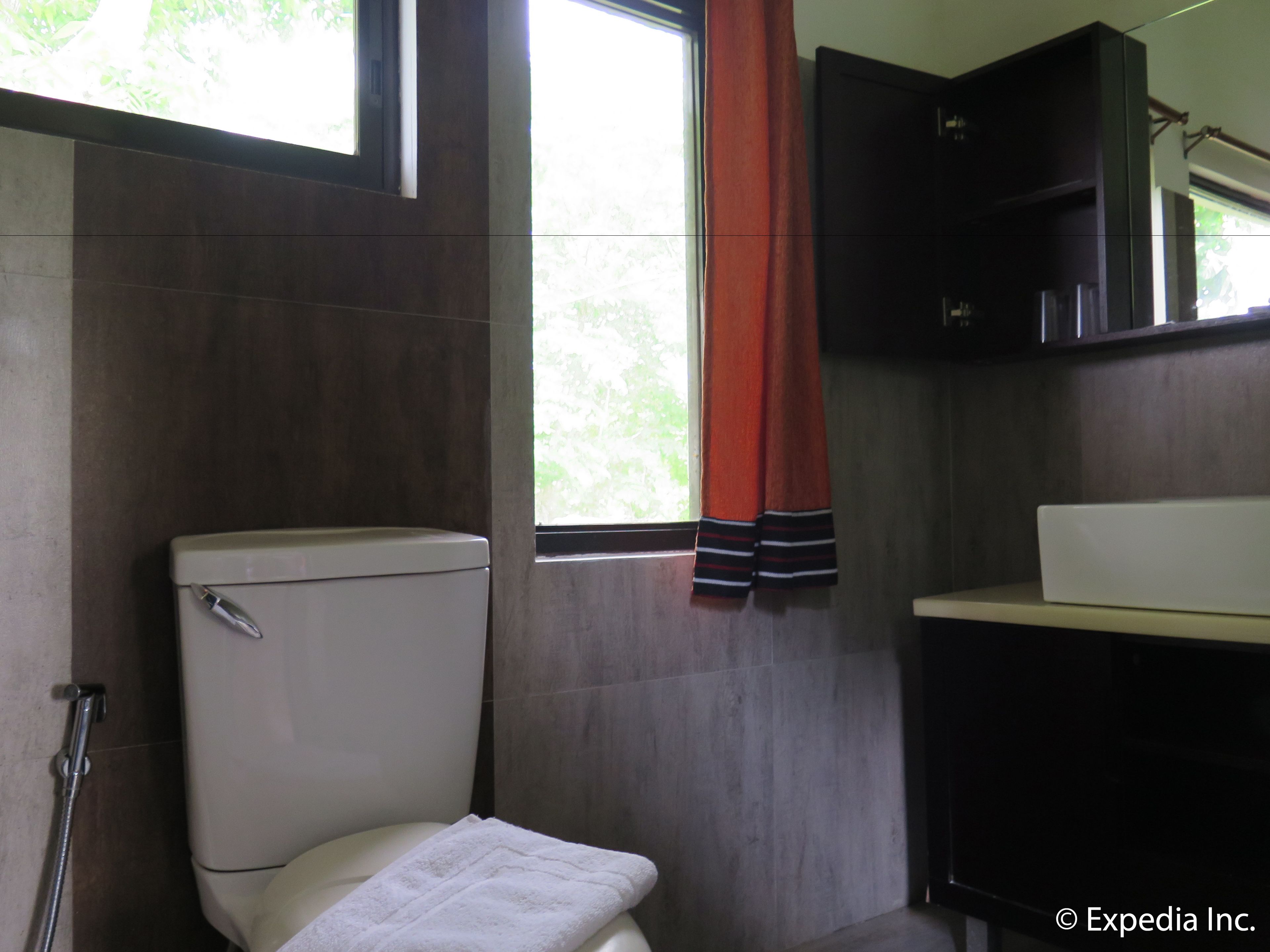 A compact bathroom with a toilet, a shower, and a sink.