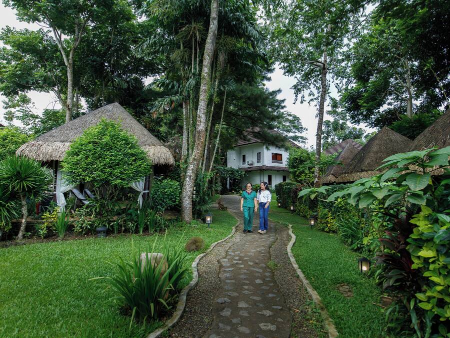 A pathway leading to a house surrounded by lush greenery and thatched-roof structures.