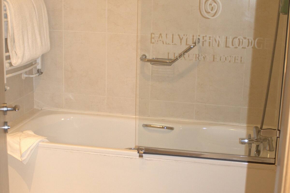 combined shower/bathtub, free toiletries, hair dryer, towels