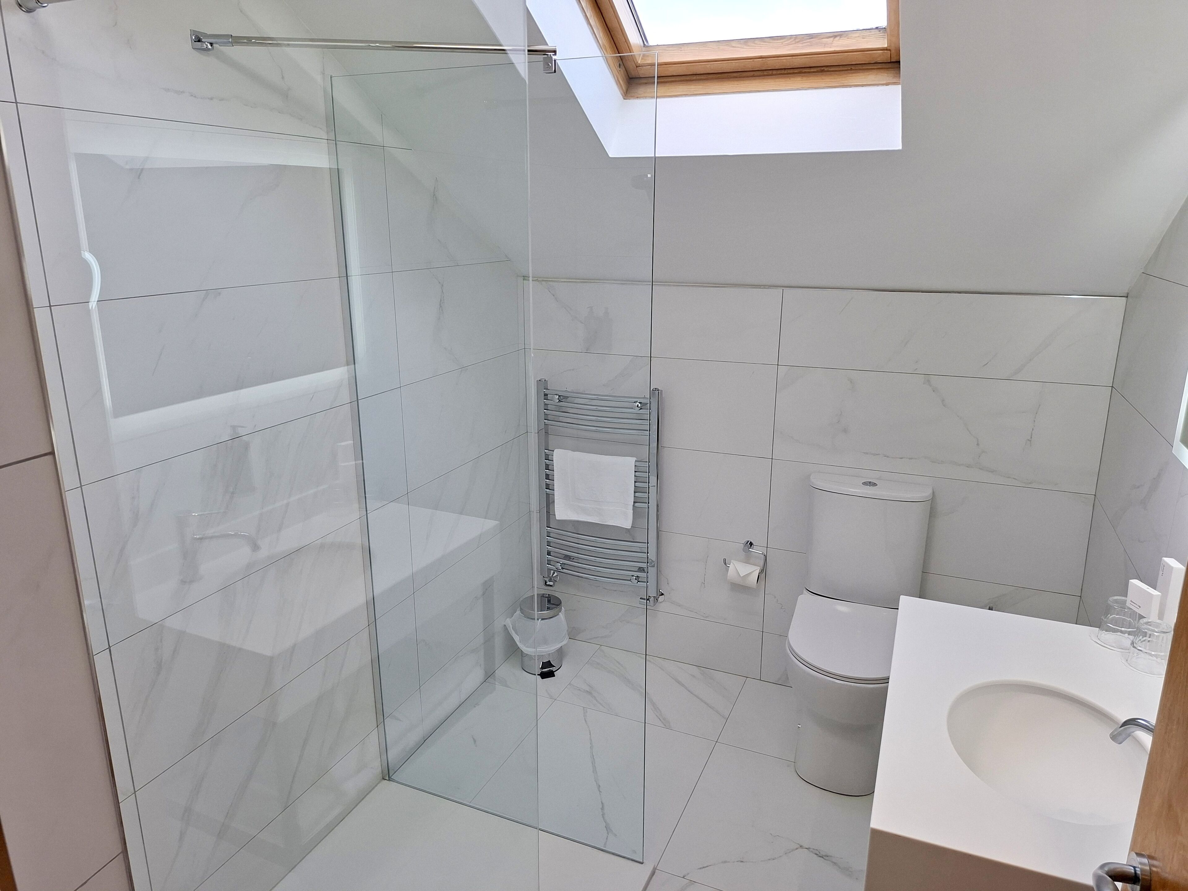 A modern bathroom with a glass shower enclosure, a toilet, and a sink.
